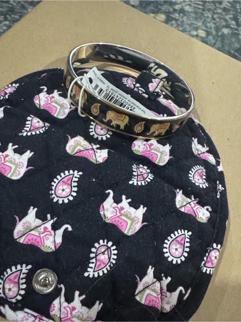 Vera Bradley Pink Elephants Bangle Bracelet Black & Silver NWT (w/case)